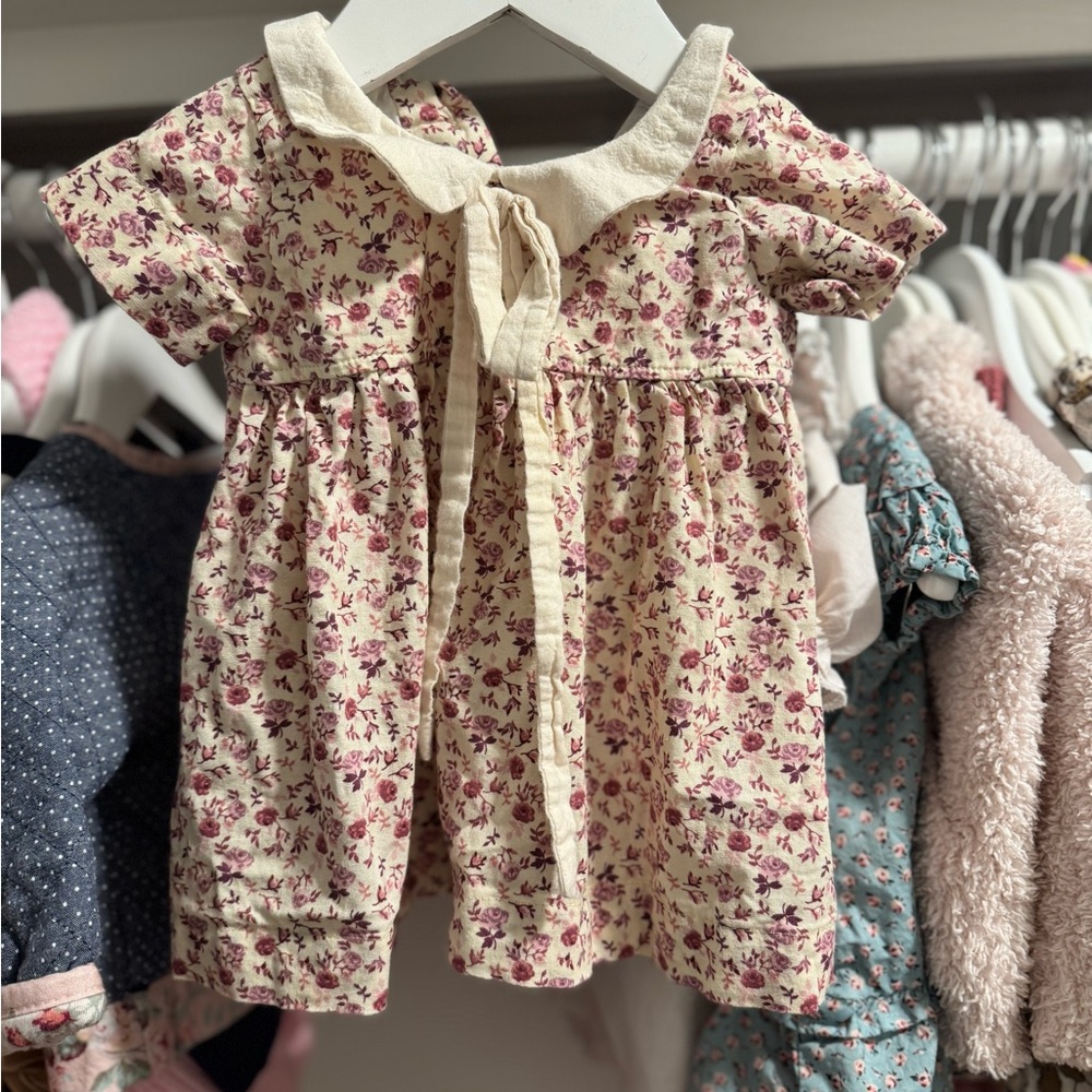 Janie and Jack Cream Dress with Mauve Floral Print and Tie Collar